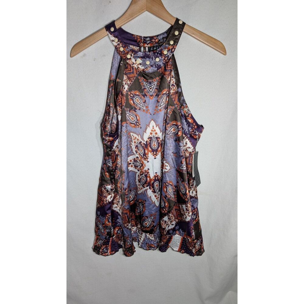 Chime Womens‎ Beaded Neck Halter Tank Top Sz XL Paisley Key Hole purple Festival